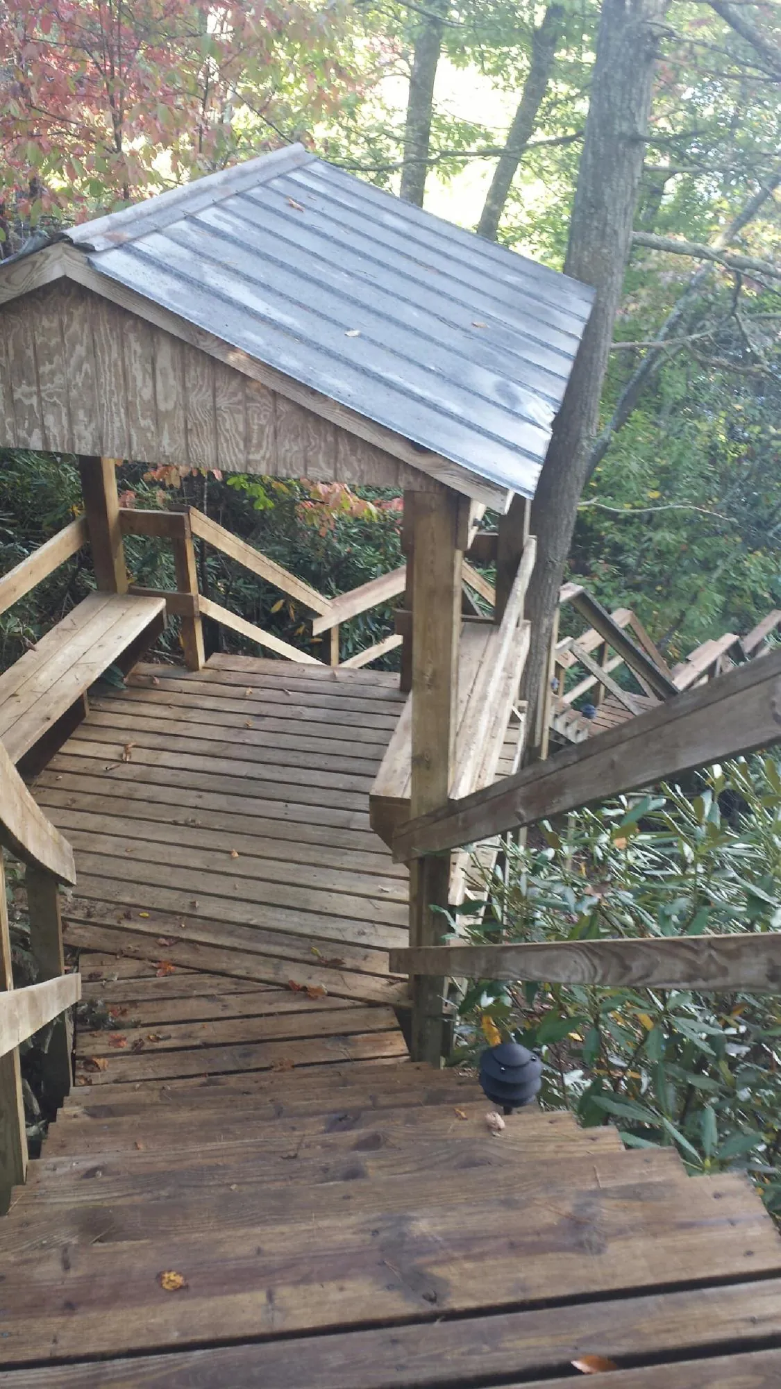 Metal roofed shelter over wooden steps on a wooded walkway — Skylight Repair & Installation work by our crew in Weyauwega